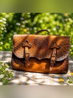 Vintage 70’s Handmade Tooled Leather Messenger Briefcase